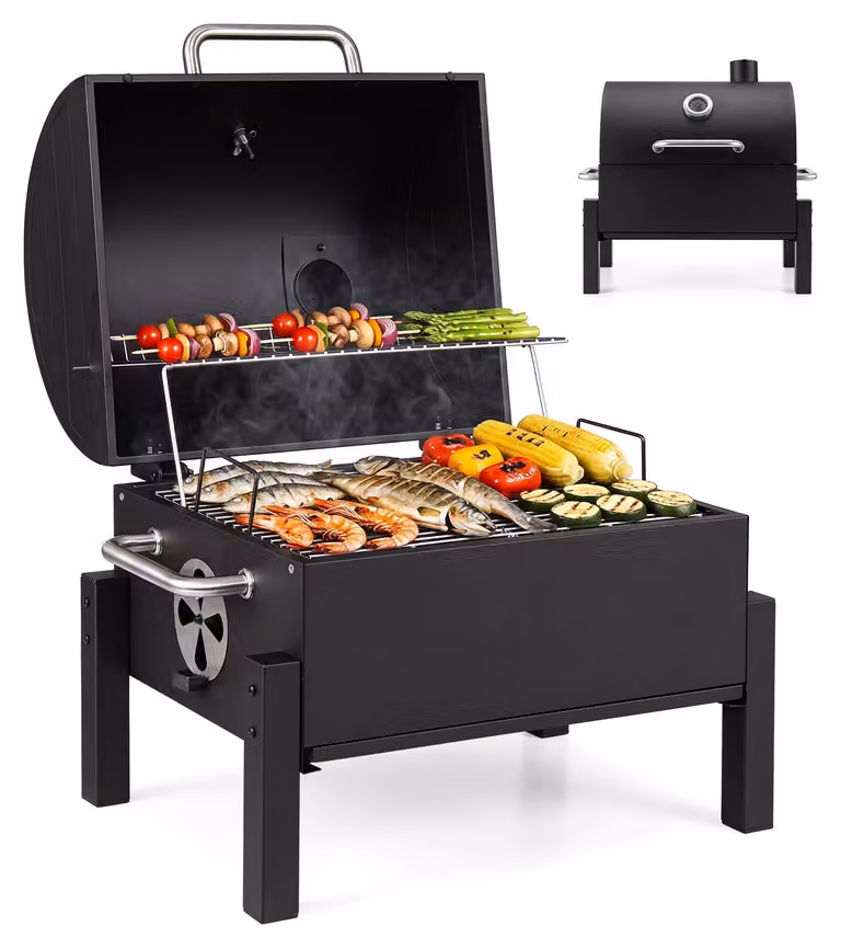 Barbecue portatile a carbone COSTWAY, mini barbecue con coperchio, 2 superfici di cottura, maniglie e termometro, barbecue da tavolo pieghevole, piccolo barbecue da campeggio in metallo