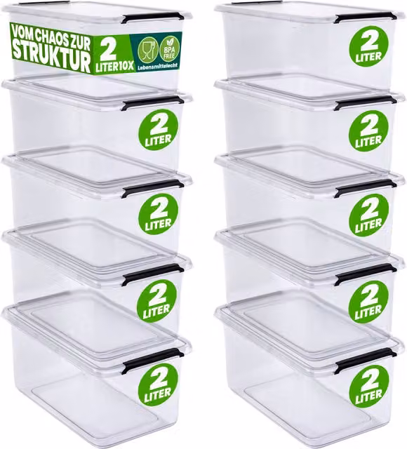 Set da 10 scatole di stoccaggio Deuba in plastica trasparente con coperchio a scatto, impilabili e lavabili in lavastoviglie, L/P/H: 20 x 15 x 12 cm – 1