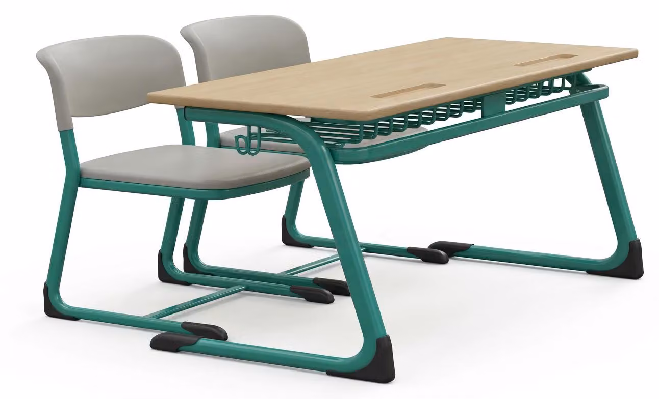 Scrivania moderna per studenti con due sedie e ripiano portaoggetti, in legno verde
