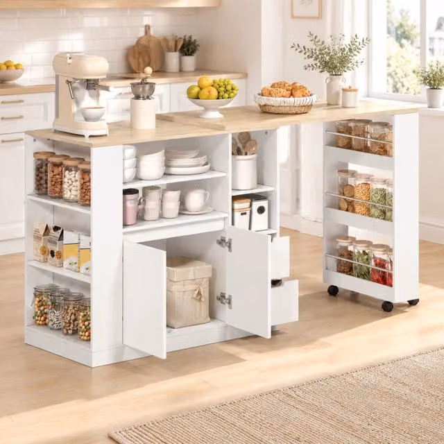 Isola da cucina ULEVR 115x50x92 cm con piano girevole ed estraibile, cassetti e ripiano a 3 livelli, bianco e naturale