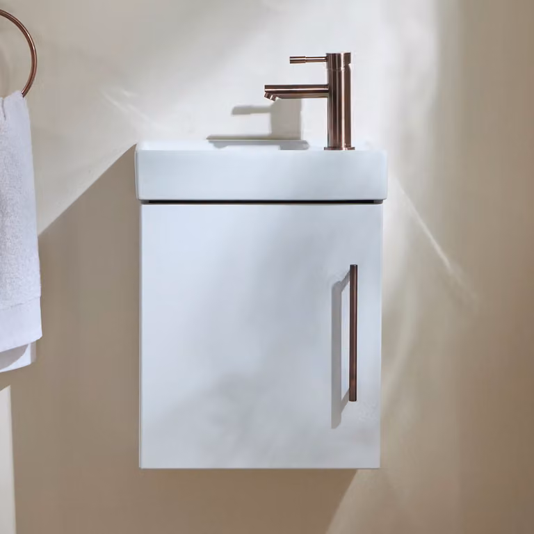Mobile Bagno Bianco Sospeso da 400mm con Lavabo e Maniglia con Barra a T in Bronzo Spazzolato - Cluo