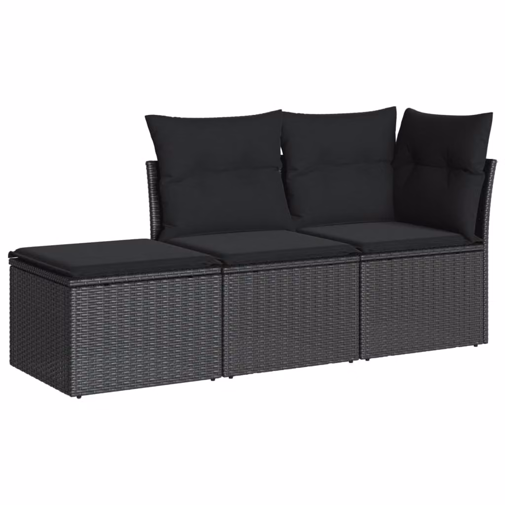 Set Divani da Giardino 3 pz con Cuscini in Polyrattan Nero