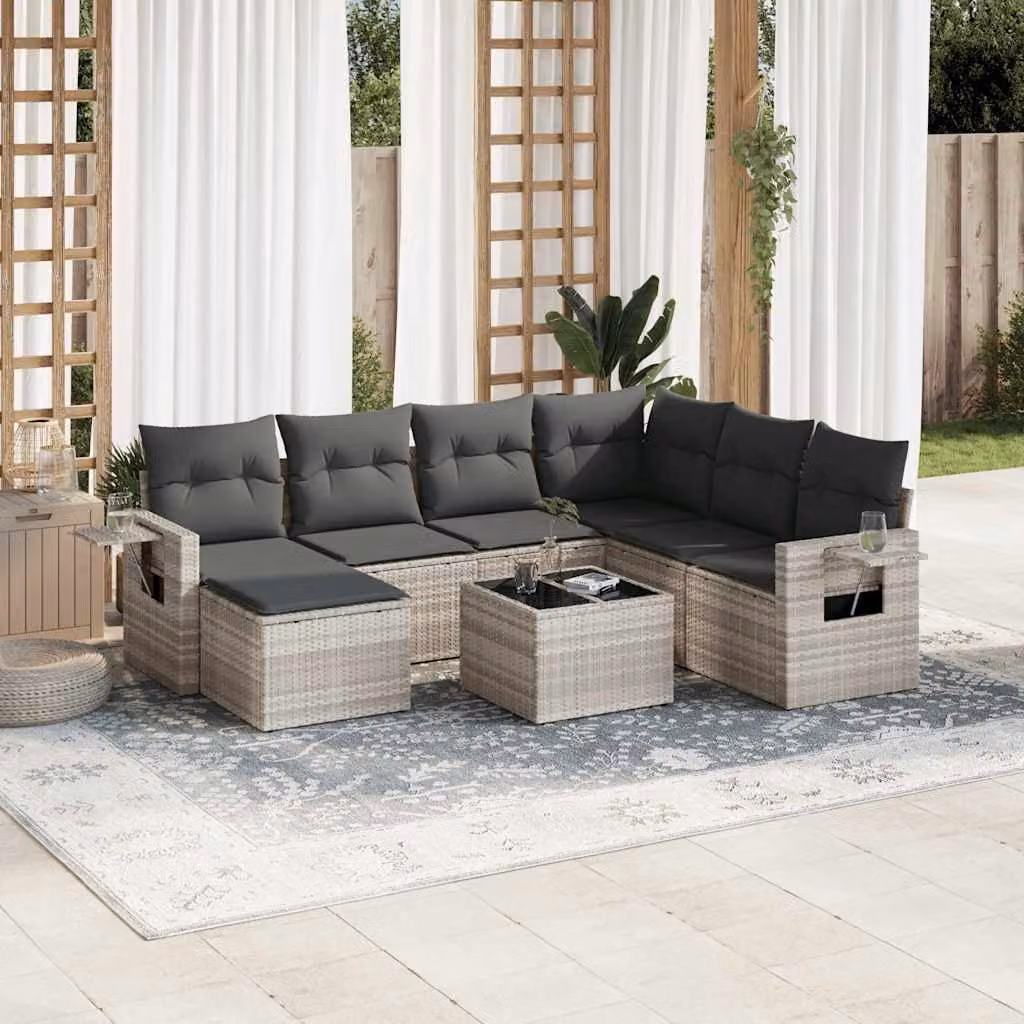 vidaXL Set Divano da Giardino a L 8pz con Cuscini Grigio con Tavolino e Ottoman in Polyrattan e Acciaio – 1