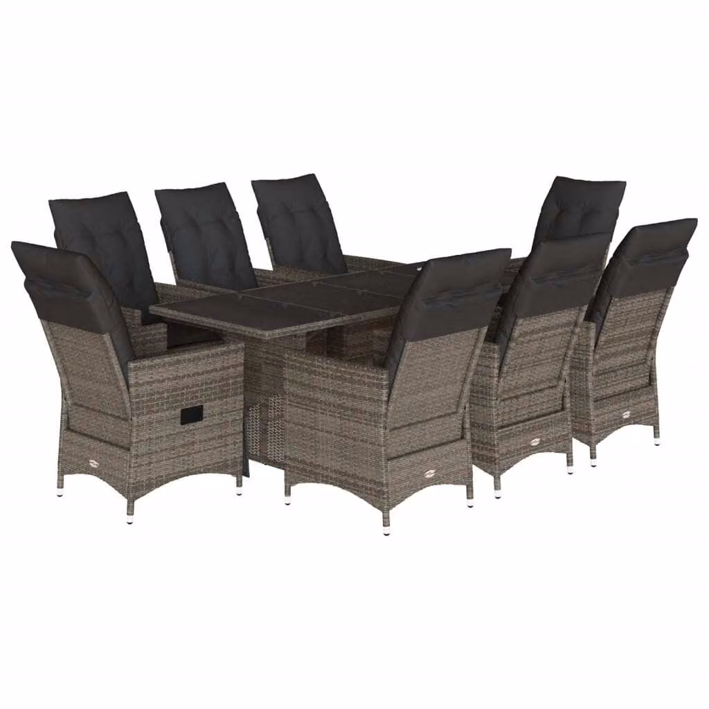 Set da Pranzo da Giardino 9 pz con Cuscini in Polyrattan Grigio