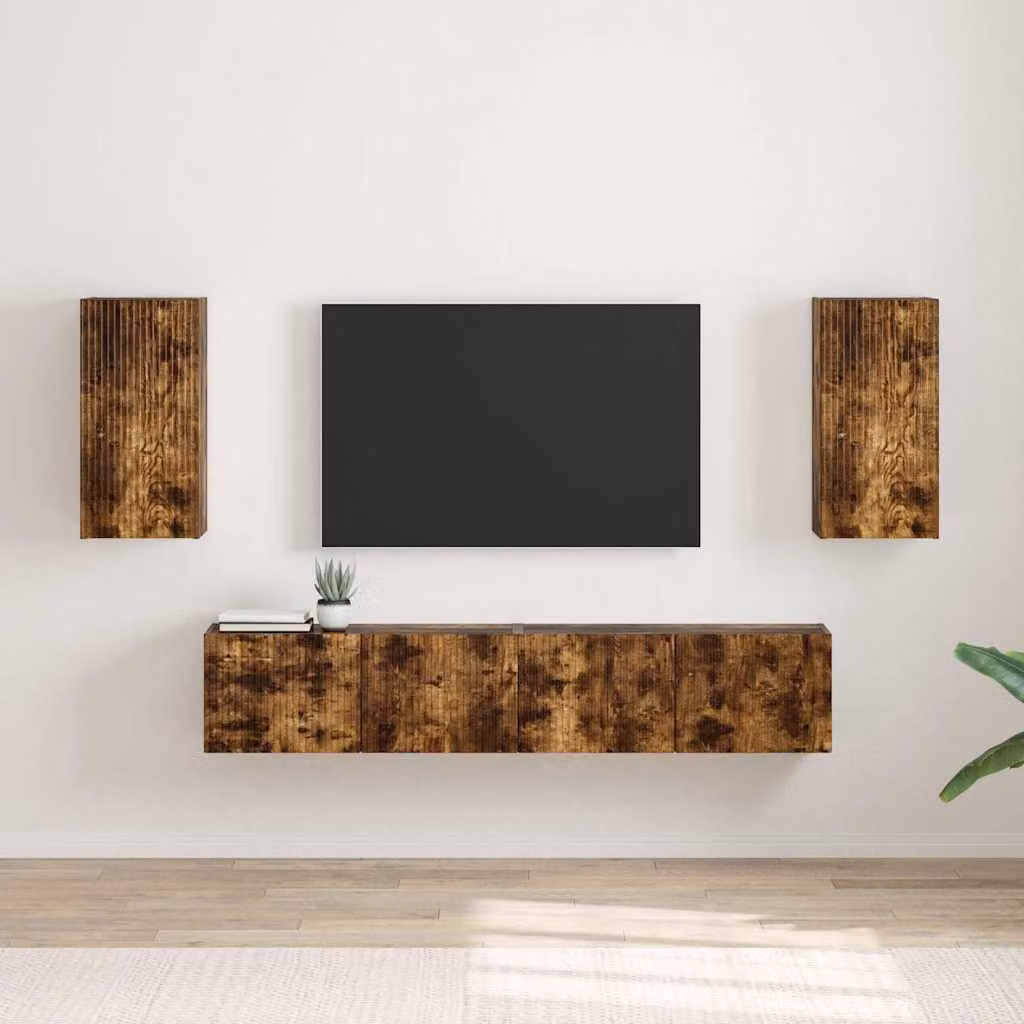 Set di 2 mobili TV da parete vidaXL in legno ingegnerizzato Rovere fumé, colore marrone, stile moderno