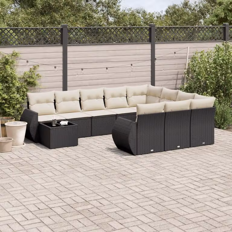 vidaXL Set Divani da Giardino 11 pz in Polyrattan Nero con Cuscini e Tavolino da Esterno a Forma di U