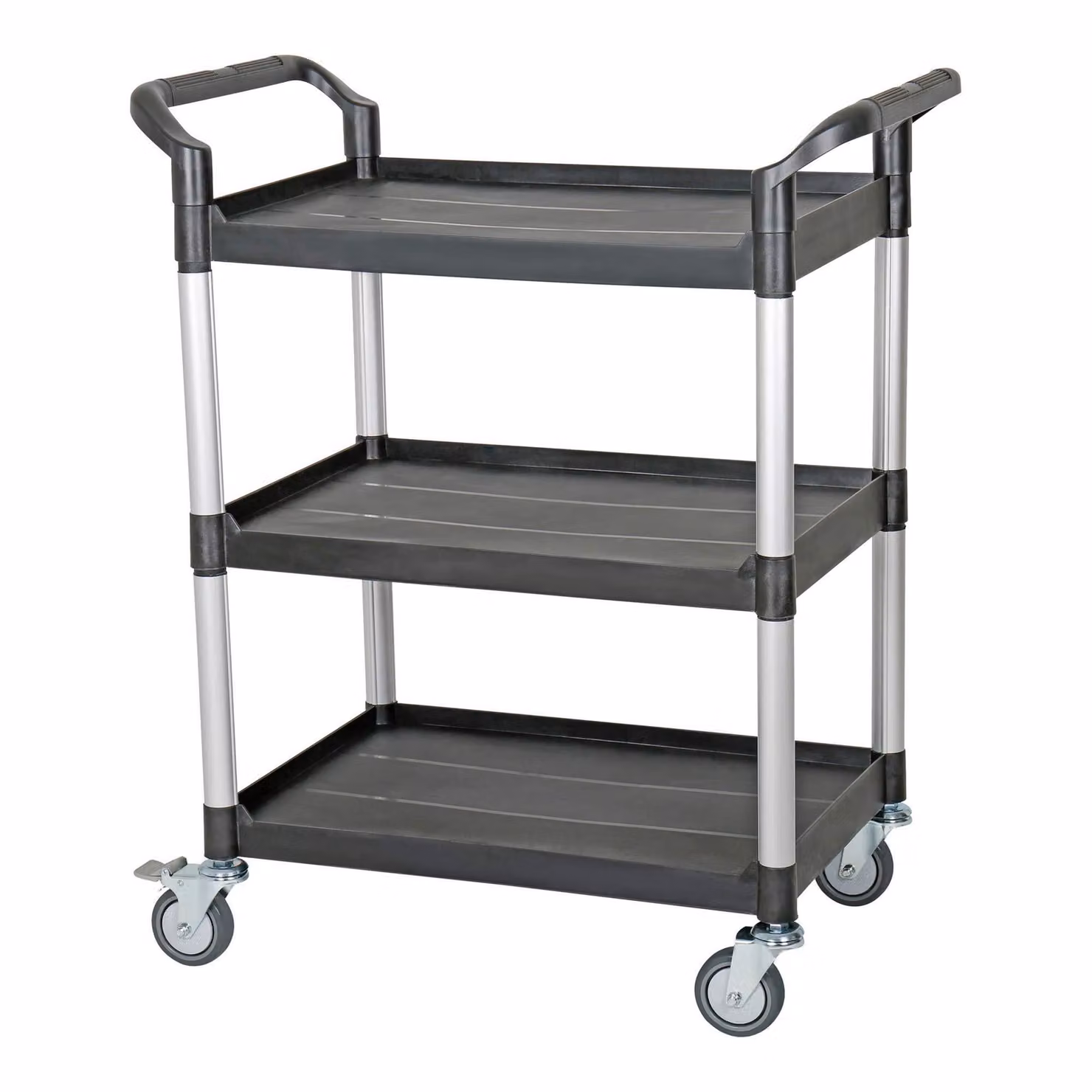 Carrello di servizio STIER, con 3 ripiani, maniglie di spinta su entrambi i lati, LxLxH 850x480x1000 mm, portata 150 kg, 4 ruote piroettanti, di cui 2 bloccabili, carrello a ripiani, carrello a spinta, nero