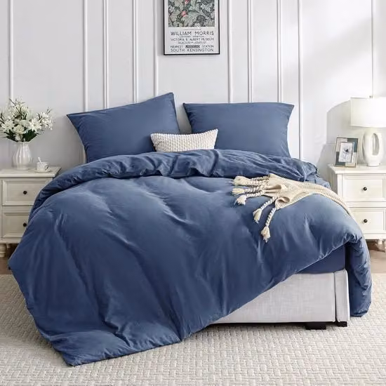 Set di lenzuola in cotone lavato blu elegante con copriletto e federe, certificato Oeko-Tex Standard 100, 200 x 200 cm