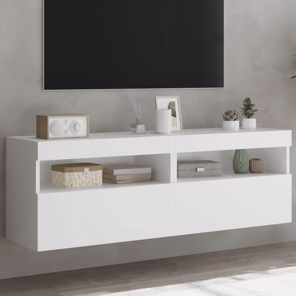 Set di 2 mobili TV da parete vidaXL con luci LED integrate, design moderno in legno e MDF, colore bianco, L 60 cm x P 30 cm x H 40 cm