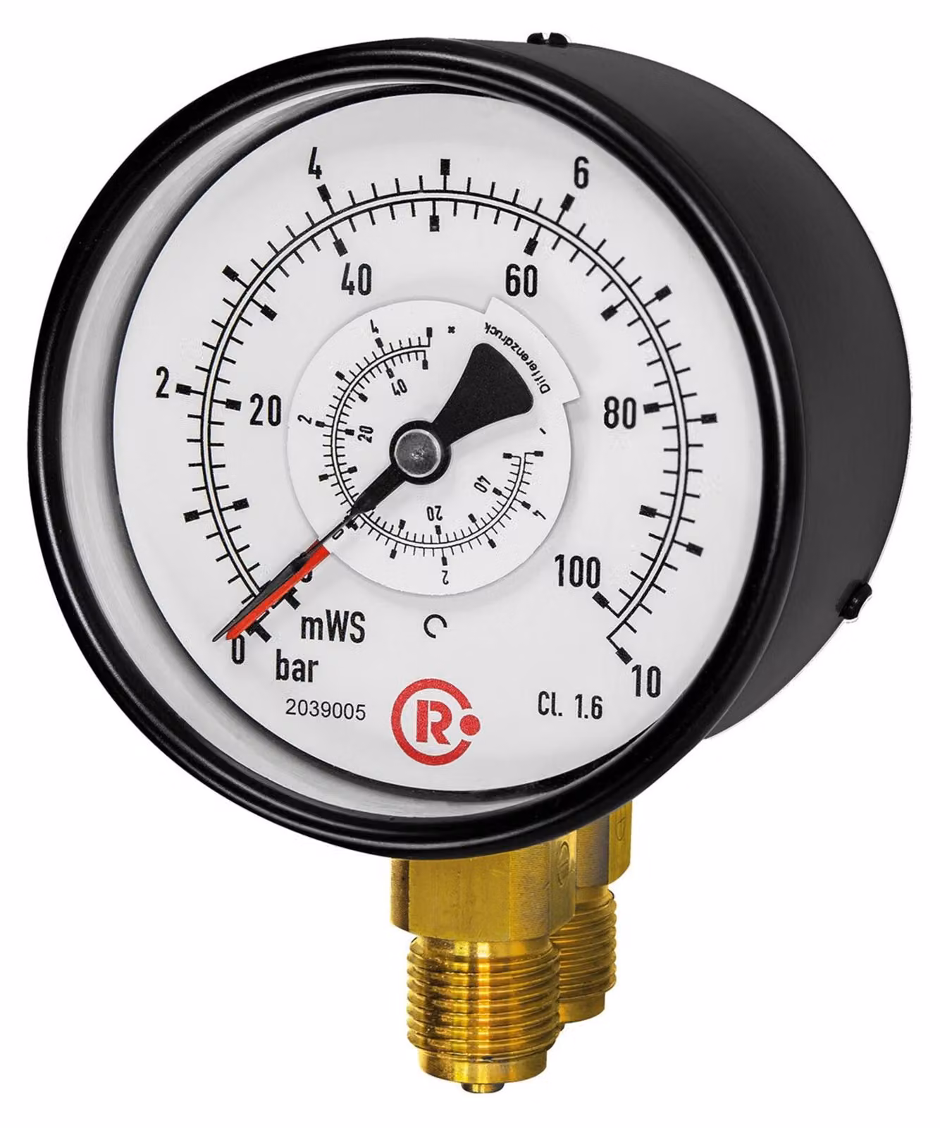 Manovra differenziale Riegler. 2x G 1/2 inferiore, parallela, 0 - 6,0 bar, Ã˜ 100, 1205-R