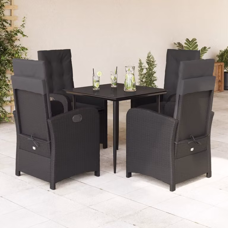 Set da Pranzo da Giardino vidaXL 5 pz Nero in Polyrattan con Piano in Vetro e Cuscini