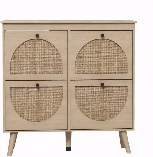 Scarpiera per ingresso con 4 cassetti a ribalta e 8 vani, frontali effetto rattan in stile boho, colore beige e marrone, L/P/H: 105 x 24 x 97.5 cm