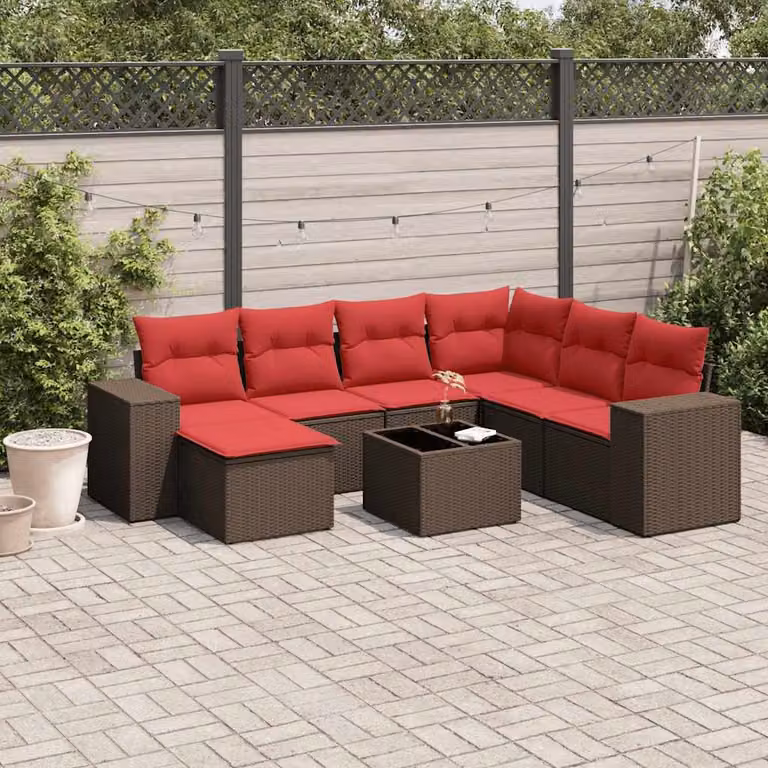 Set di divani da giardino vidaXL 8 pezzi in polyrattan marrone con cuscini e tavolino da esterno a forma di L