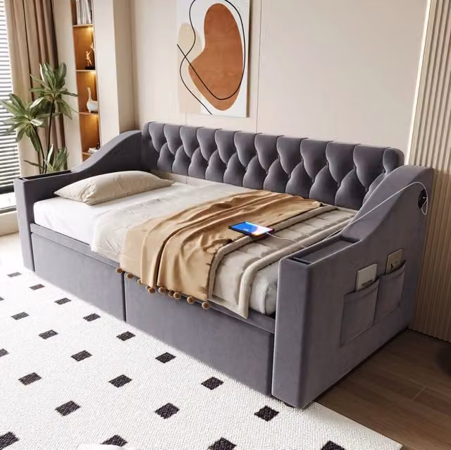 Divano letto 90x190 cm con porta USB e 2 cassetti contenitore; rivestito in velluto