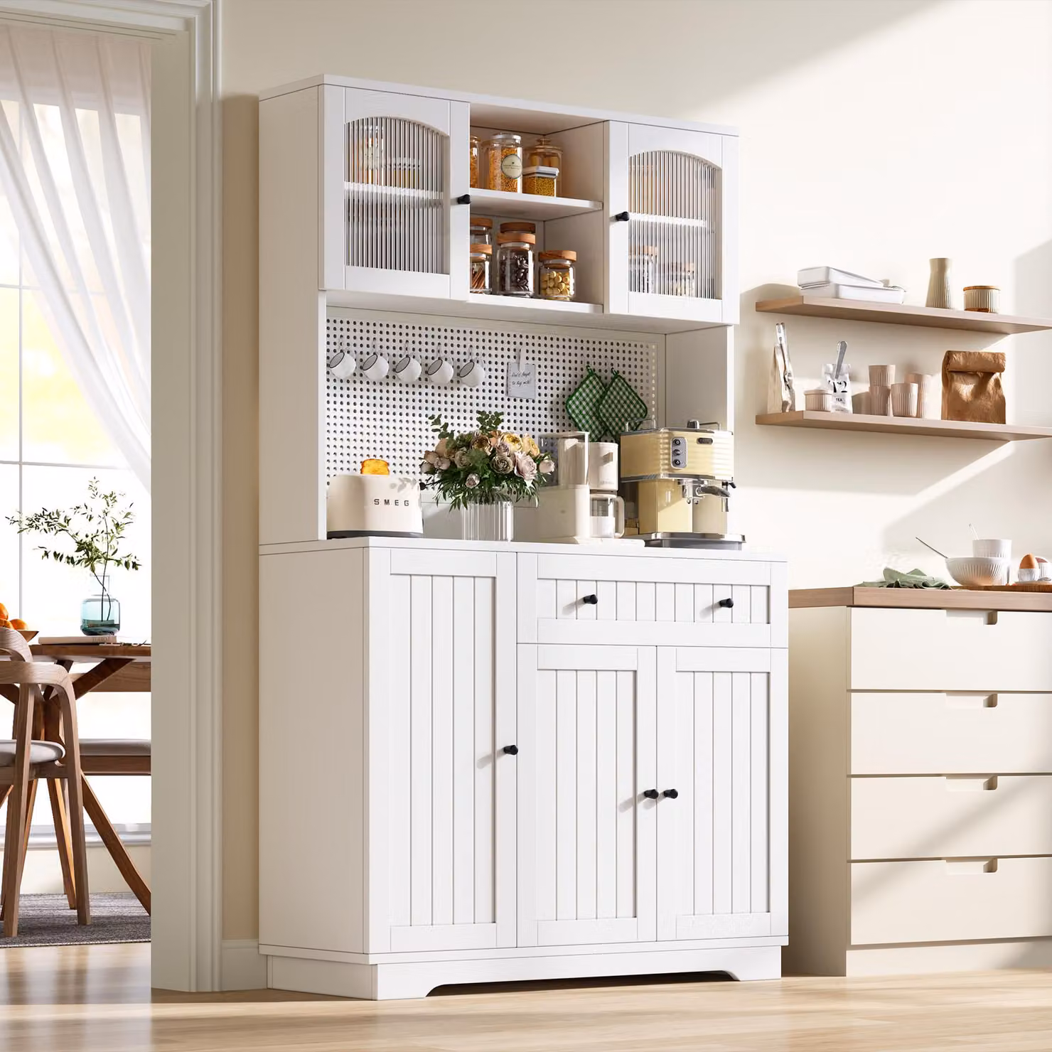 Armadietti da cucina Flieks con porta e ripiani regolabili, mobile alto 103,5x40x180 cm, mobiletto contenitore, bianco