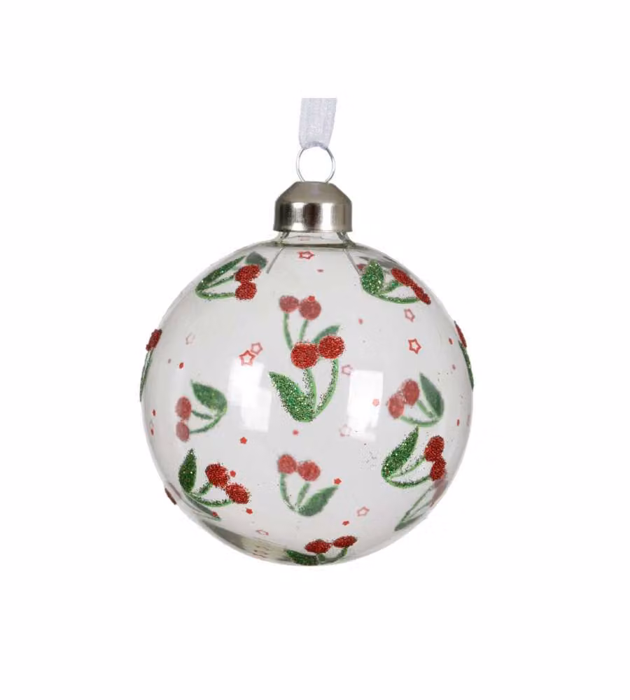 Decoris Sfera di Natale Vetro Trasparente - Ciliegie e Glitter - 8 cm