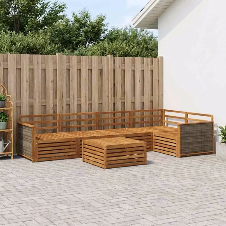 vidaXL Set di divani da esterno a L composto da 6 pezzi in legno di acacia massello marrone con cuscini inclusi