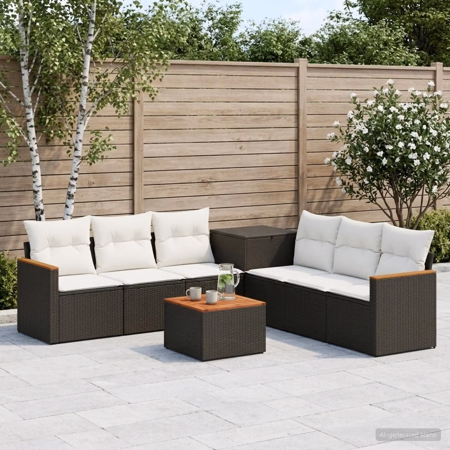 vidaXL Set di divani da giardino a forma di U in polyrattan con tavolo da caffè, 8 pezzi, Nero e Bianco