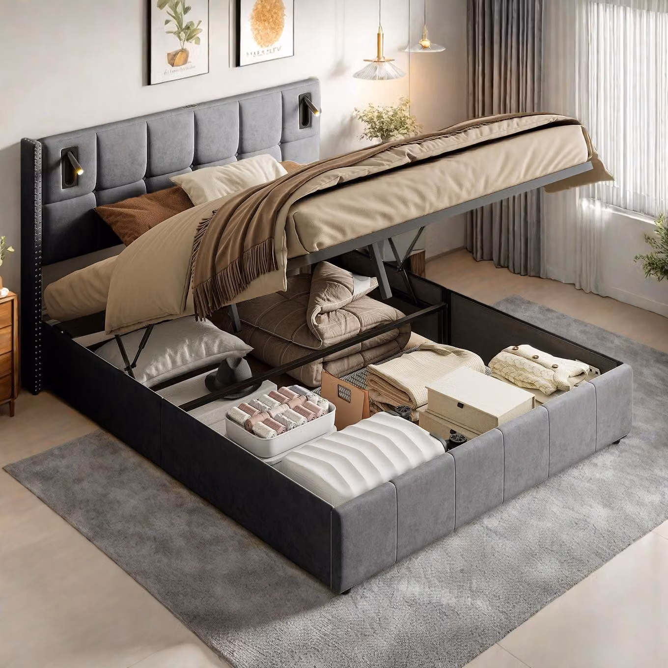 Letto matrimoniale 140x200cm in tessuto vellutato grigio con box contenitore idraulico, testiera borchiata con luci di lettura integrate