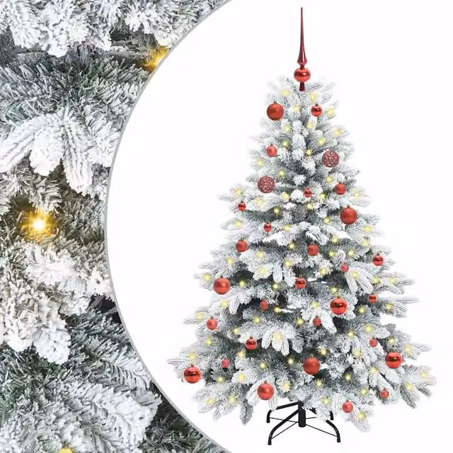 Albero di Natale Artificiale Moderno vidaXL con 150 LED Bianco Caldo, Altezza: 150 cm, Verde e Bianco in PE e PVC