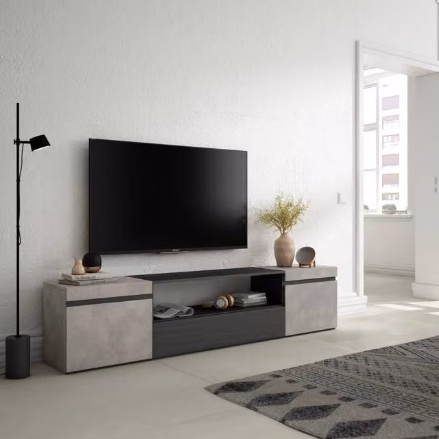 Mobile TV, 200x35x45cm, soggiorno, Per TV fino a 80", Mobile Soggiorno, grigio cemento RF2238