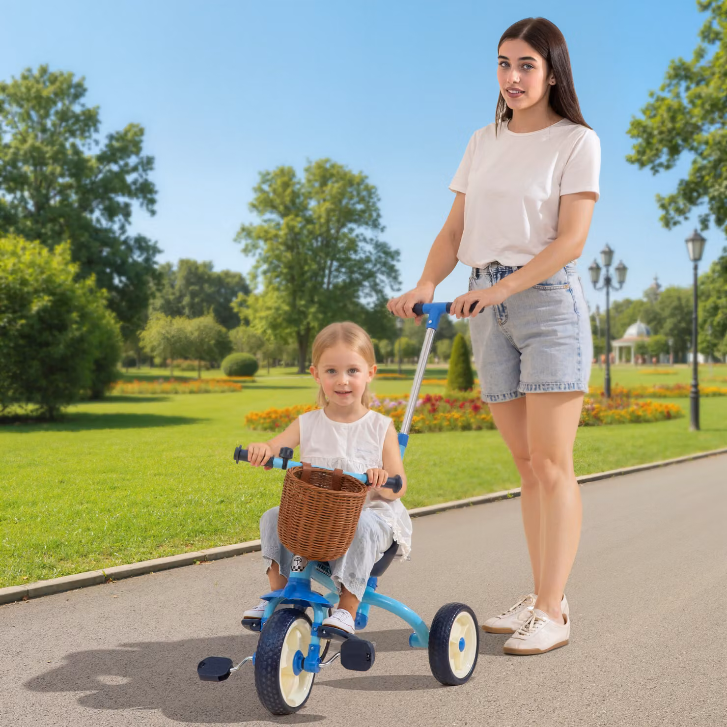 Triciclo 2 in 1 AIYAPLAY per bambini con manubrio regolabile e cestino, azzurro – 2