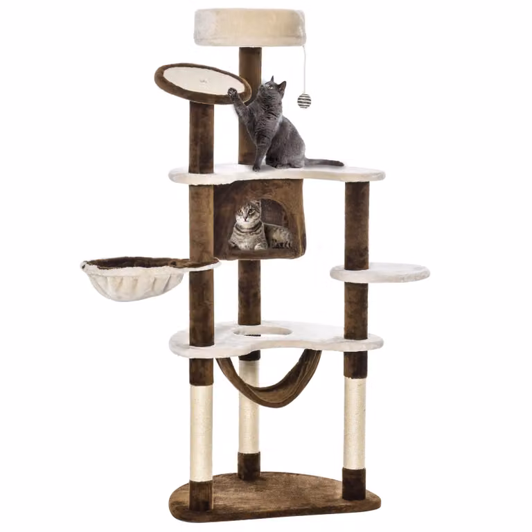 Moonbite Albero per gatti XXL, 153 cm, con cuccia, amaca e pallina di peluche, alto tiragraffi in sisal, rivestimento in peluche marrone, compensato, colore marrone