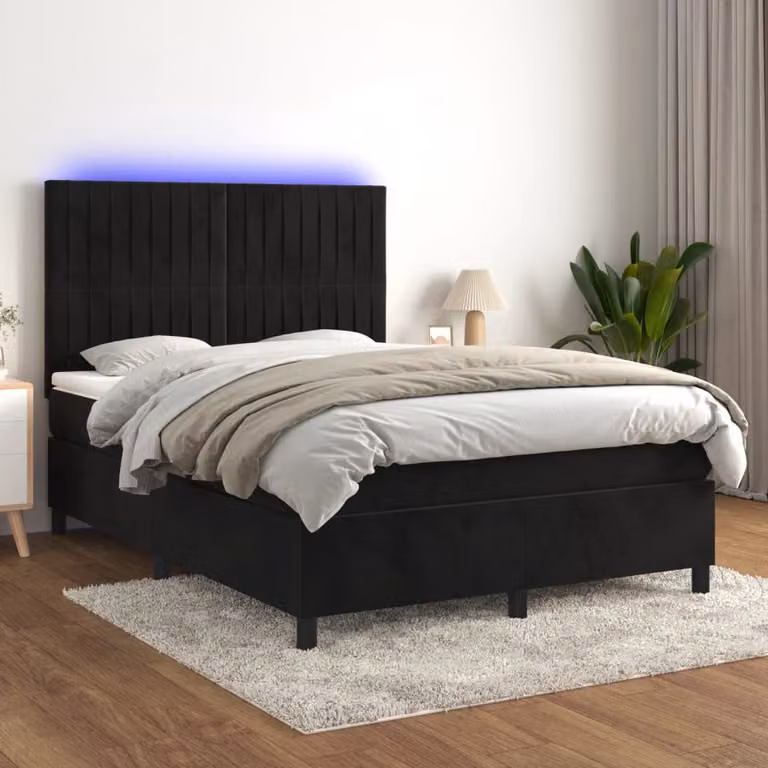 Letto Ibrido vidaXL con Materasso e Illuminazione LED in Velluto Nero L/P: 140 x 200 cm