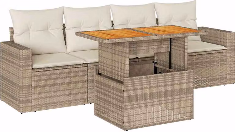 Set Divano da Giardino 5 pz con Cuscini Beige in Polyrattan