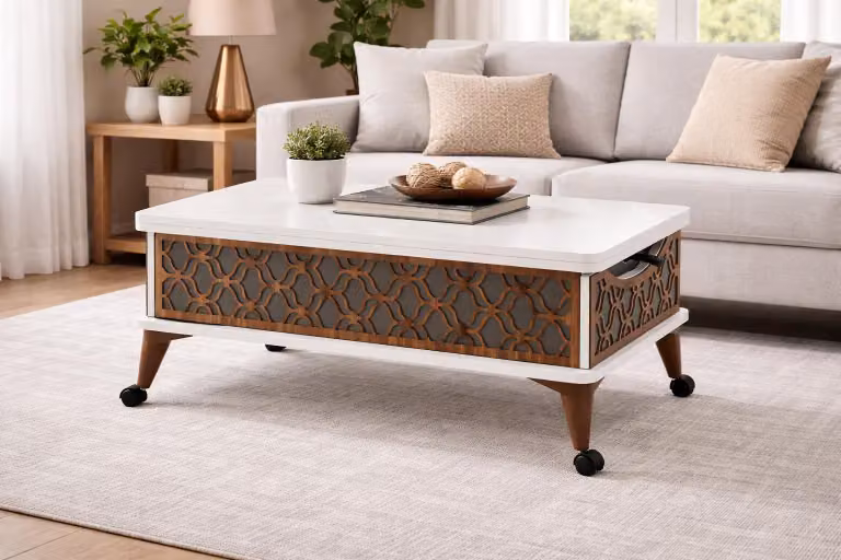 Tavolino da salotto, stile moderno, colore bianco e marrone, forma quadrata, dimensioni compatte