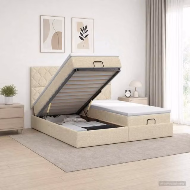 Letto ottomano con materasso con testiera 2 pz Crema Tessuto 3457874