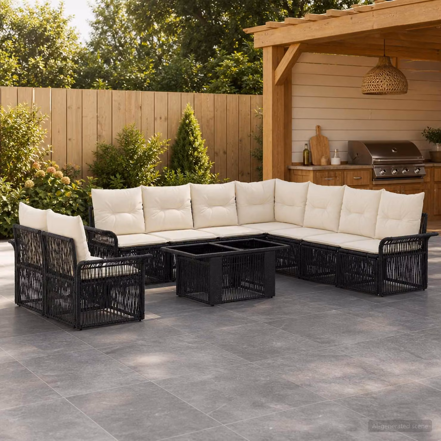 Set Divano da Giardino Moderno vidaXL in Polyrattan Nero e Bianco Crema con Tavolino e Cuscini
