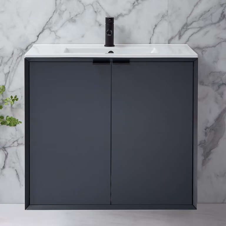 Mobile Bagno Sospeso Antracite 810mm con Lavabo e Maniglie Nere con Impugnatura a Dito - Edge