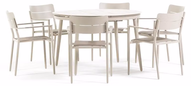 Set da pranzo da giardino con tavolo rotondo allungabile Ø 120/170 cm in alluminio e 6 sedie imbottite in textilene per terrazza, esterni - Roberto + Nora