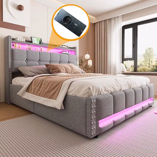 Letto matrimoniale-Xylo-160x200 cm-LED, USB, scaffale, idraulico, lino grigio