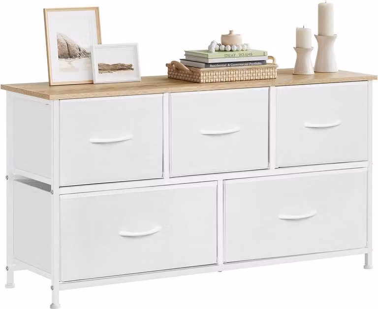 Comodino con 5 cassetti, struttura in metallo bianca | 100x30x54 cm