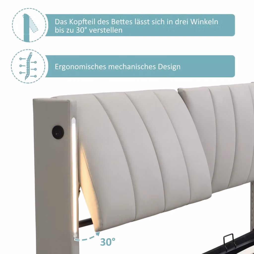 Letto Imbottito REDOM Grigio con Contenitore, Illuminazione LED e Porte USB, L/P/H: 180 x 200 x 103 cm – 2
