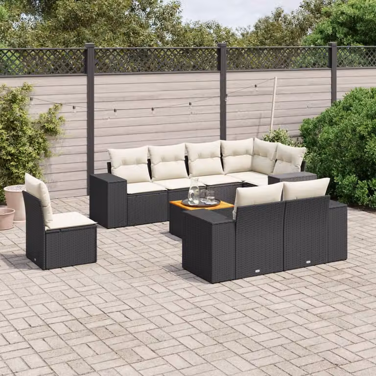 vidaXL Set Divani da Giardino a L 9 pz in Polyrattan Nero con Cuscini e Tavolino da Caffè