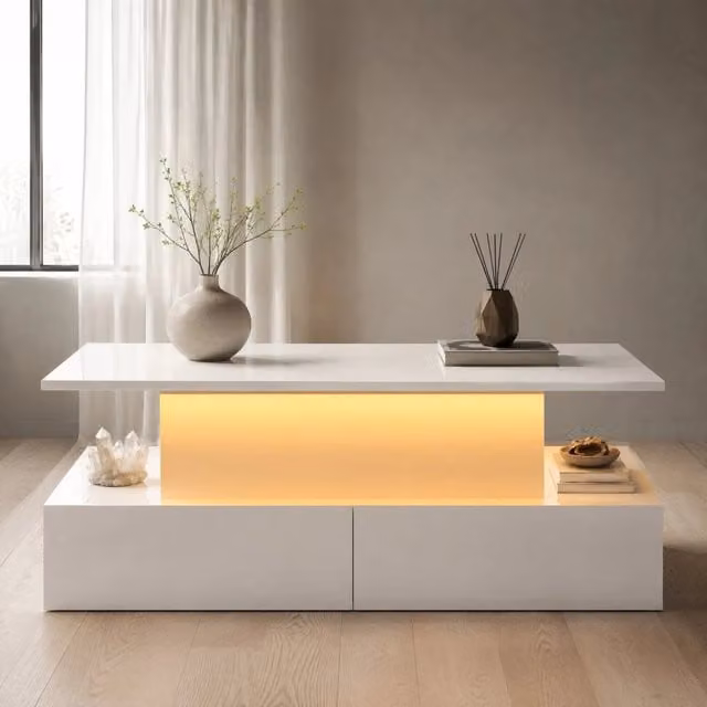 Tavolino basso Mivray con piano estraibile LED, 4 cassetti e finitura lucida bianca, L: 90 cm, P: 55 cm, H: 41 cm