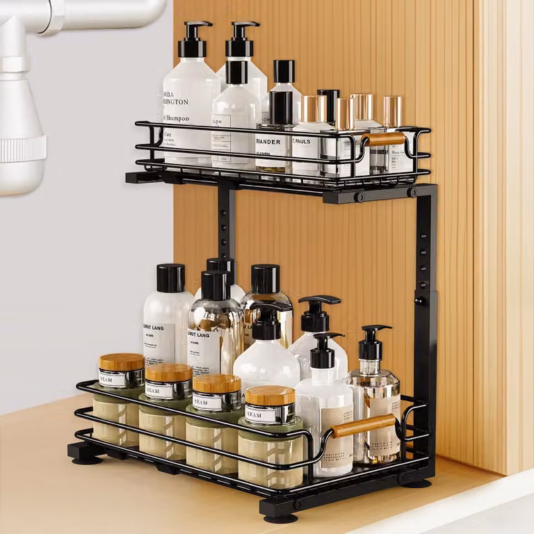 Organizzatore per lavello, 2 ripiani, metallo, altezza regolabile, estraibile, colore nero