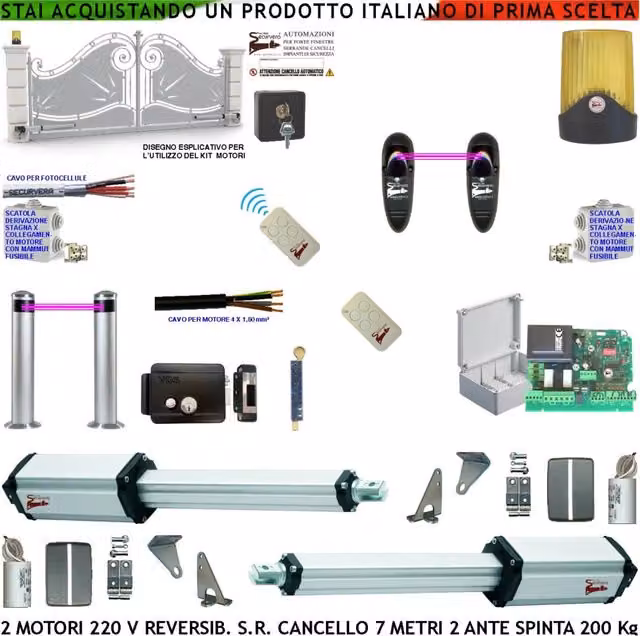 Kit Automatismo Cancello da 7 Metri 2 Ante da 3,5 MT Motori Elettromeccanici 230 V Reversibili Centrale 2 Coppie Fotocellule 2 Radiocomandi Faro Serratura Paletto Selettore 2 Scatole Fusibili 2 Cavi
