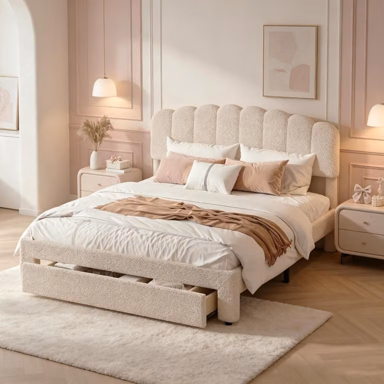 Letto imbottito INONEFT, 160x200 cm, con cassetti, porta USB, letto matrimoniale con poggiatesta regolabile, letto contenitore, letto per ragazzi con rete a doghe, rivestito in microfibra effetto peluche, color beige