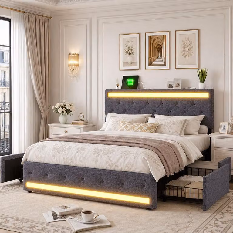 Letto imbottito INONEFT, 140 x 200 cm, con 4 cassetti, letto con spazio contenitivo, letto matrimoniale con LED e USB, letto per adulti con testiera, rivestito in lino, colore grigio scuro