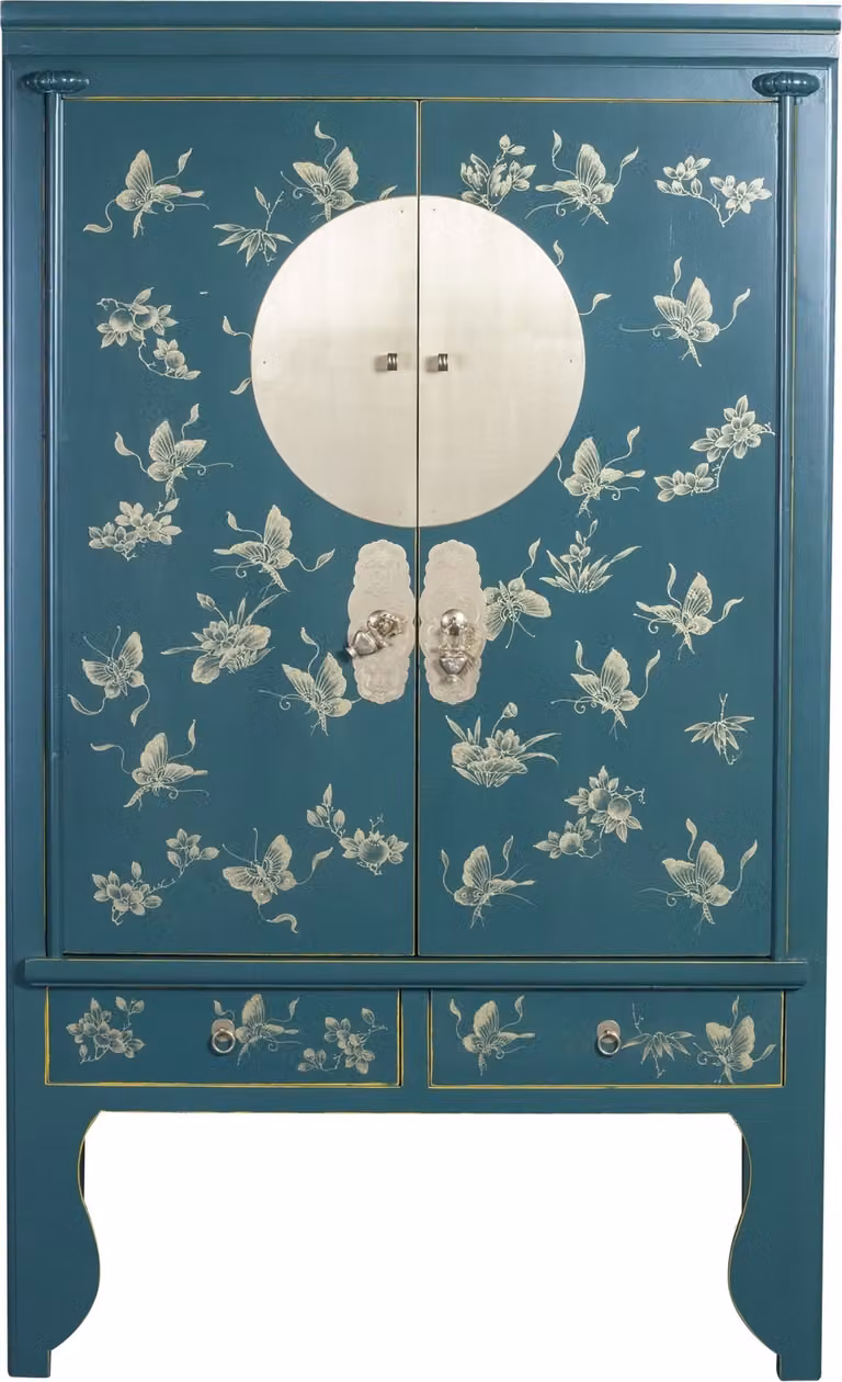 Fine Asianliving Armadio da matrimonio cinese dipinto a mano Farfalle verde acqua - Collezione Orientique W100xD55xH175cm Armadio cinese Armadio da matrimonio cinese Mobili orientali Asiatici