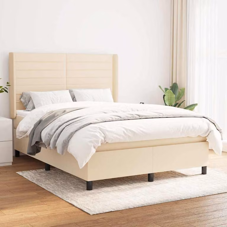 vidaXL Letto Ibrido con Giroletto a Molle e Materasso in Tessuto Beige e Bianco L/P/H: 140 x 200 x 128 cm