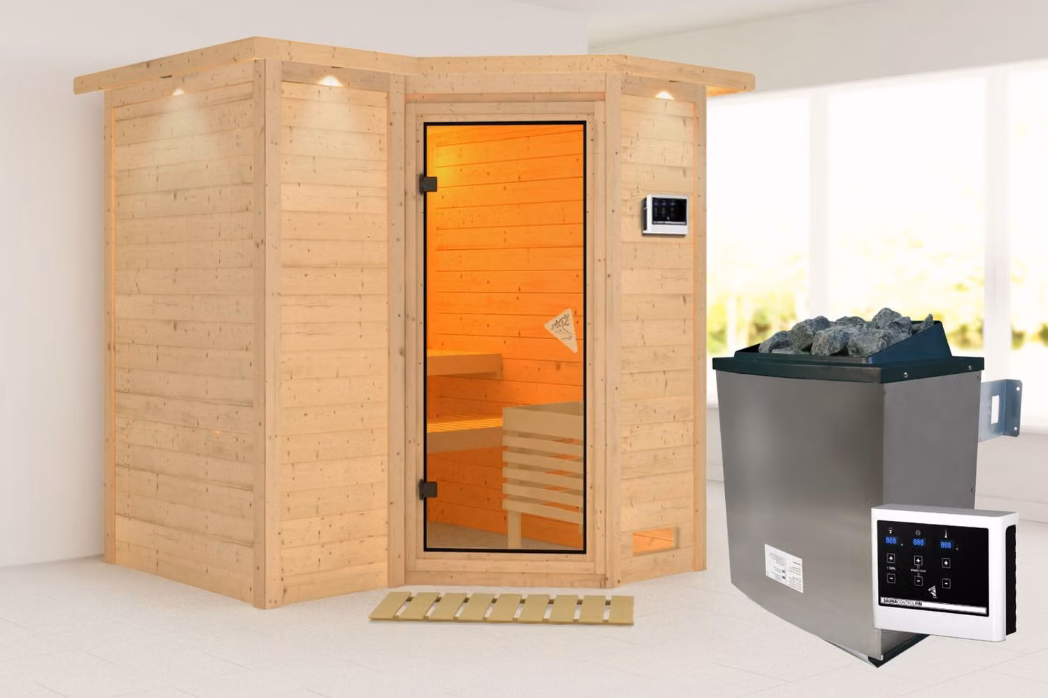 Sauna Sahib 1: con cornice luminosa sul soffitto: 9 kW, stufa finlandese + centralina Easy Finn. Sauna: * Stufa: 9 kW, stufa finlandese + centralina Easy Finn. * Porta: porta in vetro bronzato. * Cornice luminosa sul soffitto