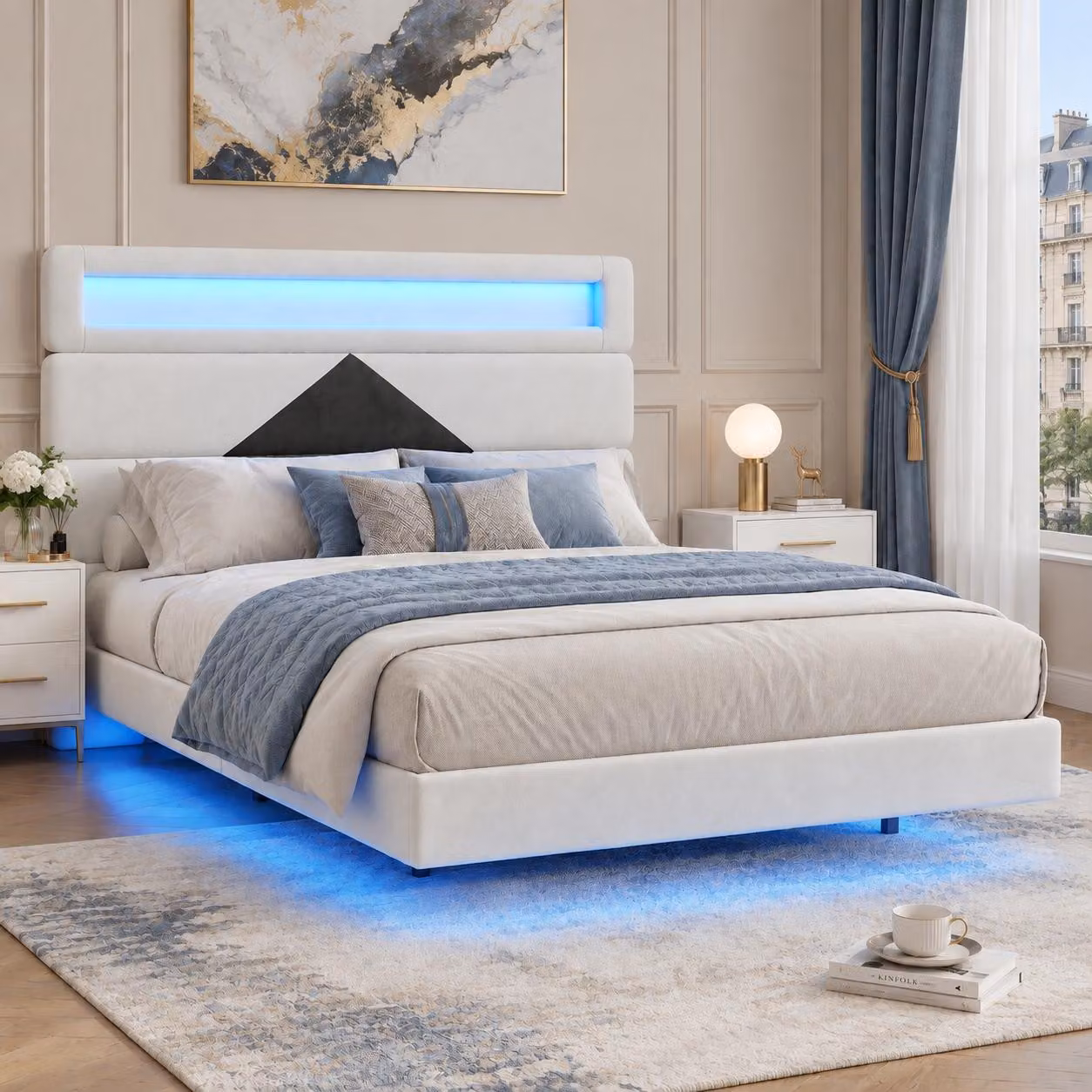 Letto imbottito INONEFT, 140 x 190 cm, letto per adulti, design sospeso con testiera a forma di rombo, dotato di USB e LED, rivestito in velluto, colore crema e nero