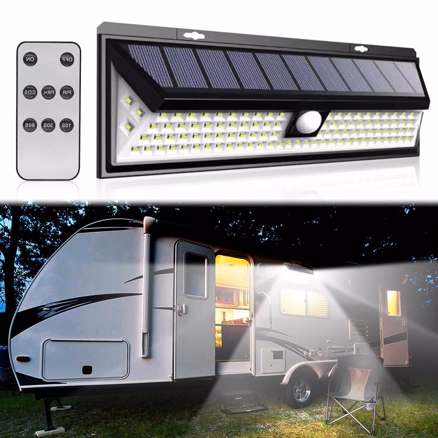 Illuminazione a LED per camper alimentata a energia solare, con 118 LED, sensore di movimento, impermeabile, colore nero