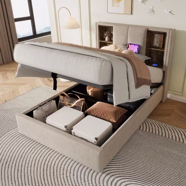 Letto singolo imbottito 90 × 200 cm con contenitore ricarica wireless USB e USB C in lino naturale