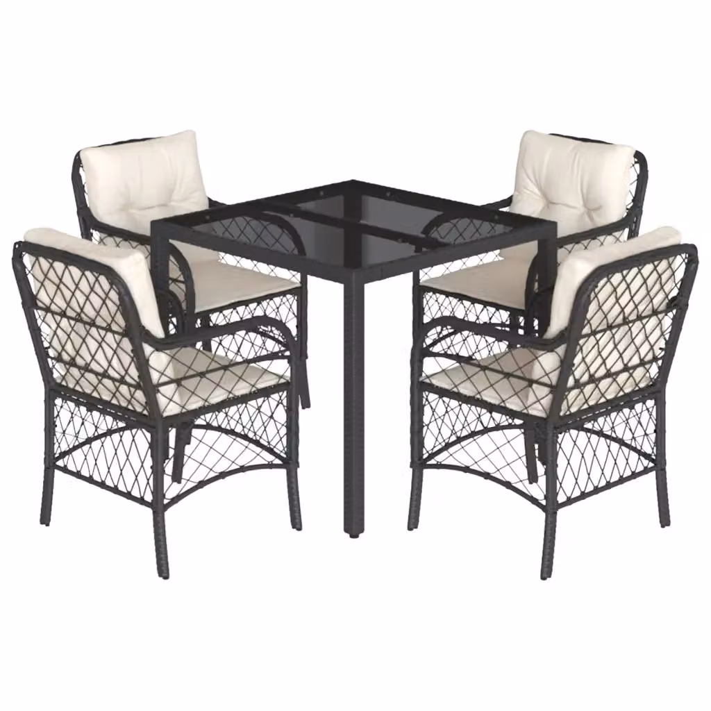 Set da Pranzo da Giardino vidaXL 5 pz in Polyrattan Nero con Cuscini e Tavolo in Vetro – 2